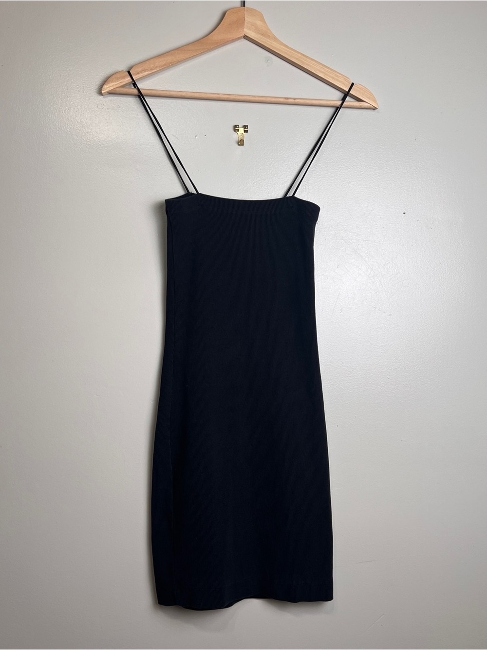 Zara Black Ribbed Mini Bodycon Dress Spaghetti Strap Square Neck, Size Small EUC
